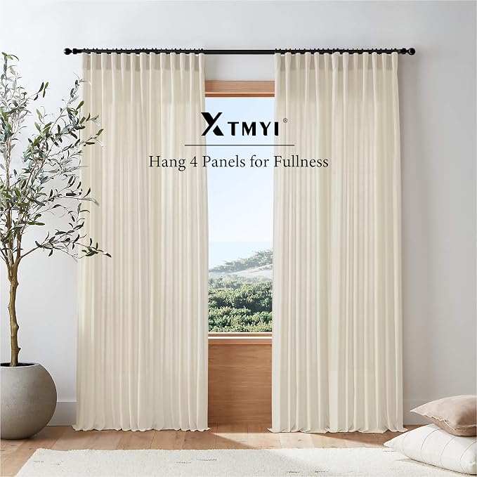 XTMYI Beige 100 Inches Long Country Curtains for Living Room,Sheer Linen Shabby Chic Curtains for Bedroom,50 Inches Wide
