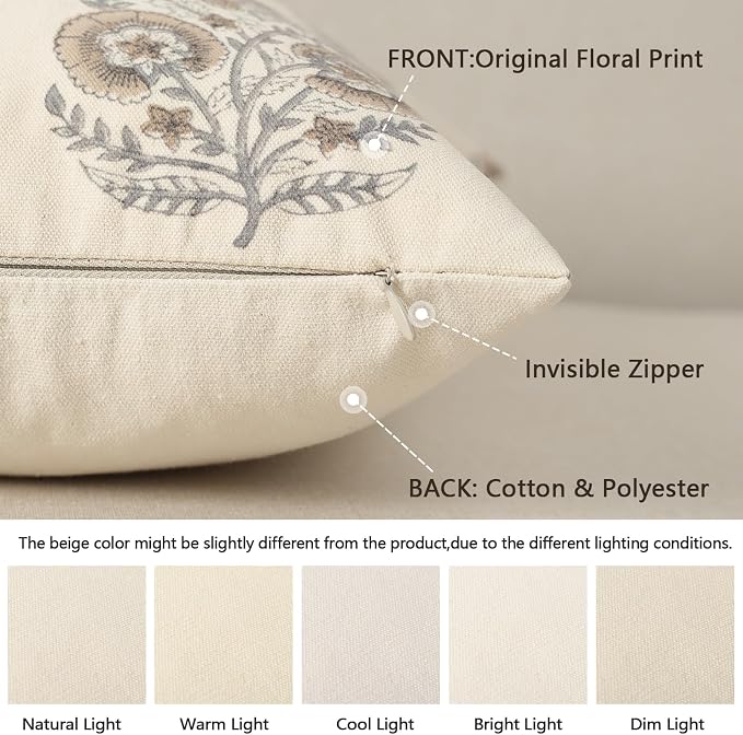 Vintage Floral Print Fall Pillow Covers 22x22 Set of 2 Patterned Accent Decorative Cushion Covers Modern Farmhouse Throw Pillow Covers for Sofa Couch Chair Bed Living Room Home Decor, Light Brown