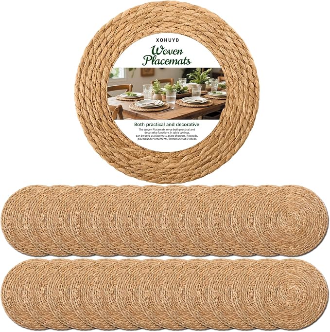 13 Inch Round Woven Placemats Set of 24, Boho Farmhouse Rustic Rattan Wicker Braided Chargers for Dining Table, Water Hyacinth Jute Place Mats for Dinner Plates, Outdoor Patio & Wedding Decor