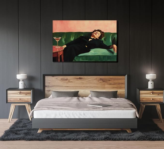 Vintage Woman Canvas Wall Art Funky Victorian Woman on Couch with Martini Picture Wall Decor Eclectic Cocktail Poster Trendy Bar Cart Decor Painting Print Artwork for Bar Kitchen Dining Room, Framed