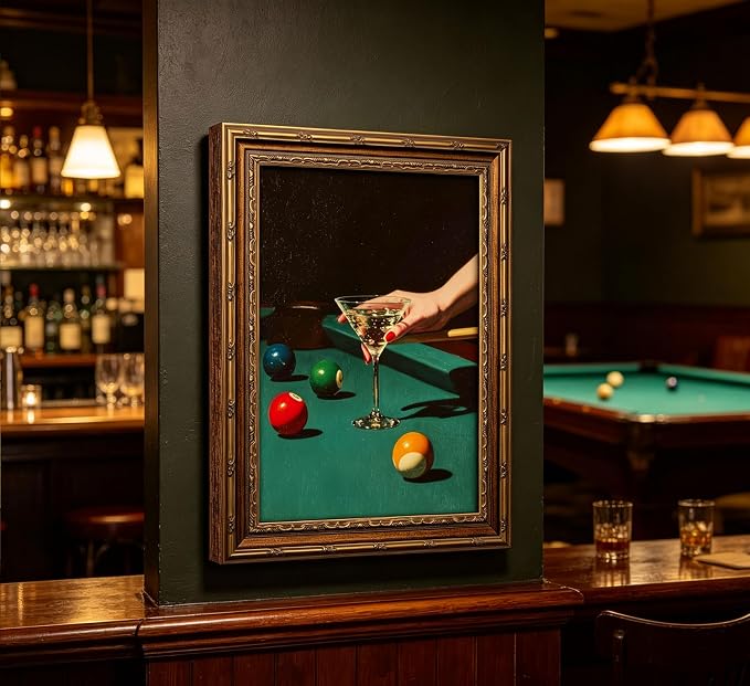 Vintage Gold Framed Bar Wall Art, Retro Dive Bar Martini Pool Oil Painting Canvas Print, Trendy Billiards Cocktail Picture, Lucky 8 Ball Poster Artwork for Tavern Kitchen Dining Room