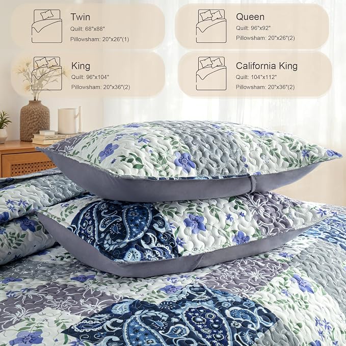 Whale Flotilla Patchwork Quilts Twin Size, Extra Soft Floral Bedspreads | Paisley Flowers Reversible Lightweight Twin Quilt Bedding Set for Bed, Printed Coverlets with 1 Pillow Sham for All Seasons