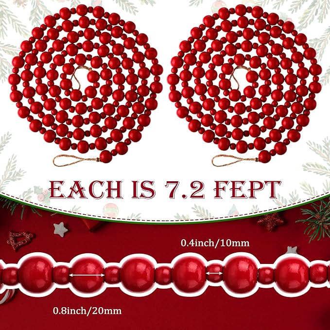 Yinder 2 Pcs/ 14.4 Feet Christmas Wooden Beads Garland, Dark Red