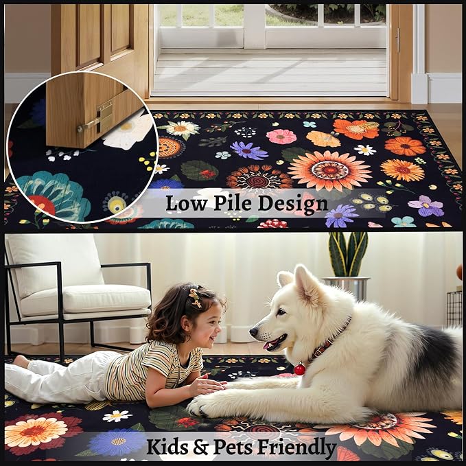 Ciicool Washable 8x10 Area Rugs for Living Room Floral Soft Large Carpet | Non-Slip Indoor Rug for Dining Room Bedroom Nursery Home Office Playroom Carpets Decor
