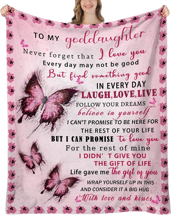 Goddaughter Blanket from Godmother, Goddaughter Gifts from Godmother, God Daughter Gift for Birthday, Graduation, Christmas, Soft Flannel Throw Blanket, Pink Butterfly, 60"x50"