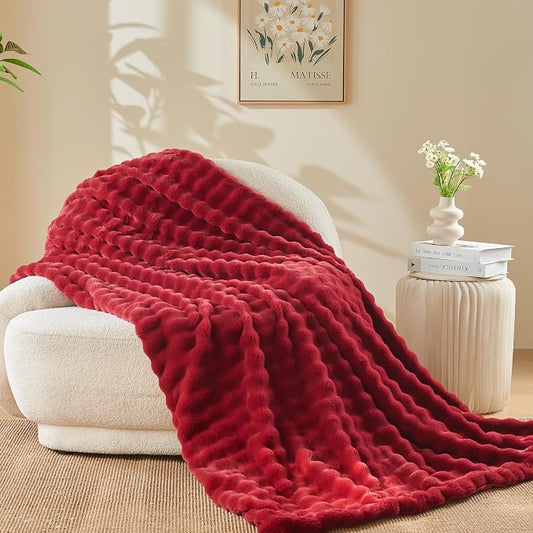 NEWCOSPLAY Faux Fur Fluffy Bubble Throw Blanket for Couch, Red, 50"x60" | Soft Thick Warm Bubble Blanket for Couch Sofa Bed 550GSM, Plush Cozy Luxury Decorative Throw, Gift for Women Men