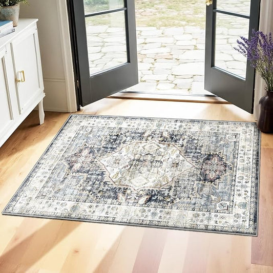 AooHHooA 2x3 Washable Entryway Rug Blue, Soft Stain Resistant 2x3 Boho Rug Vintage Small Rugs for Entryway, Low Pile Lightweight Non-Slip Indoor Door Mat Small Rugs for Bedroom Bathroom