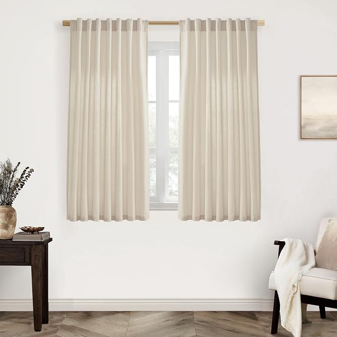XTMYI Bathroom Window Curtains Short,Linen Sheer Boho Farmhouse Kitchen Curtains 45 Inch Length,Beige