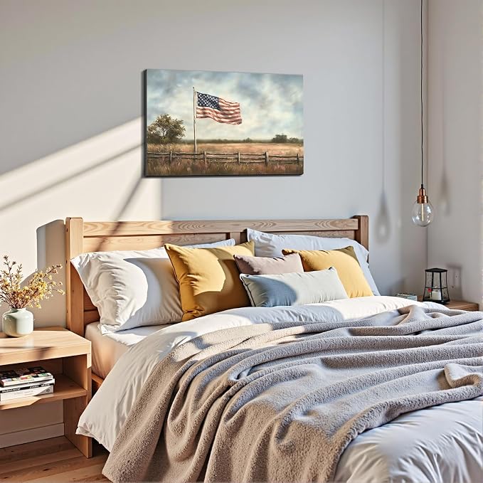 Framed Vintage American Flag Field Wall Art, Patriotic Rustic Canvas Art Pictures, USA Flag Wall Decor for Living Room Farmhouse Garage, Ready to Hang Made in USA