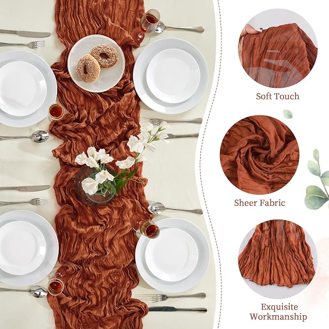 AGIRL 12 Pack Terracotta Cheesecloth Table Runner 10FT Fall Boho Home Decor | Rustic cheese cloths Sheer Gauze for Wedding Bridal Baby Shower Birthday Party Table Decor Halloween Thanksgiving Christmas