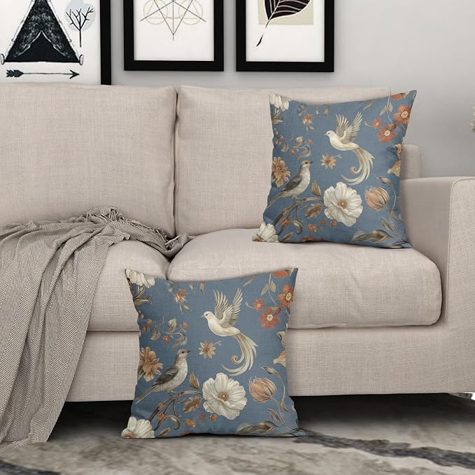 Kawani Vintage Floral Pillow Covers 18x18 Inch Set of 2 Blue Chinoiserie Flower and Bird Outdoor Decorative Throw Pillows Retro Rustic Pillowcases Farmhouse Cushion Covers for Couch Home Decor