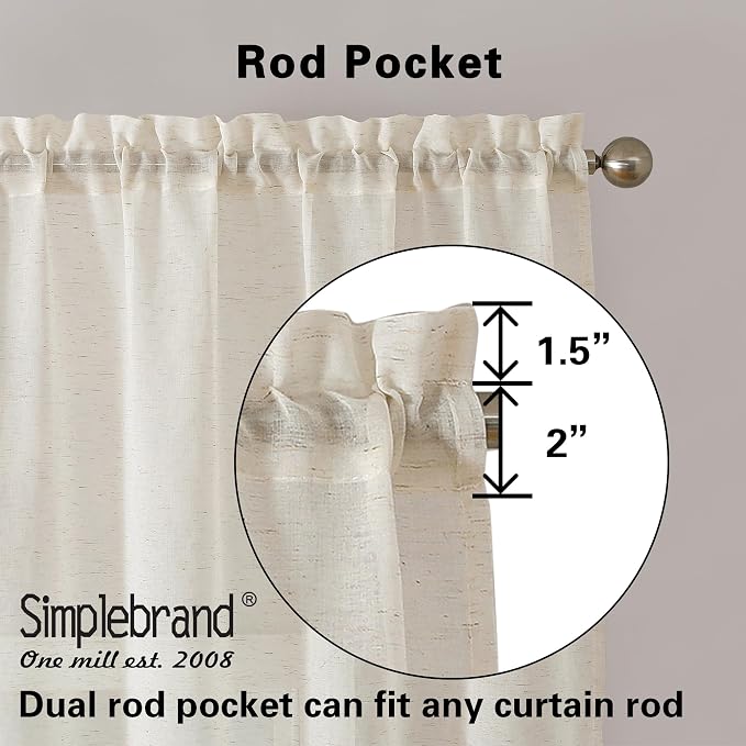 Simplebrand Natural Linen Textured Sheer Curtains 84 inches Length 2 Panels Set, Sheer Curtains Light Filtering Rod Pocket Window Sheer Curtain Panels, Elegant Curtains & Drapes for Bedroom, 40" W