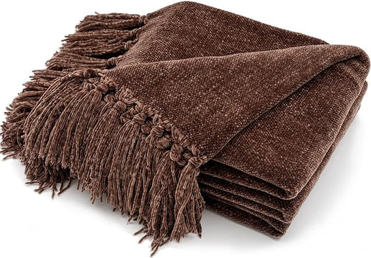 RECYCO Chenille Throw Blanket for Couch, 50"x60", Brown | Super Soft Knit Throw Blanket with Fringe Tassels, Lightweight Knitted Throw, Cozy, Ideal for Sofa Chair Bed Living Room Gift