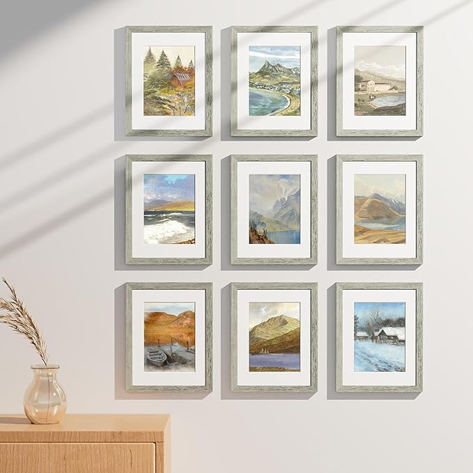 Vittanly 8.5x11 Picture Frames Set of 9 for Wall Mount & Tabletop, Grey | Certificate Frame Display Pictures 6x8 with Mat or 8.5x11 without Mat, Diploma Document Degree Frames, Engineered Wood