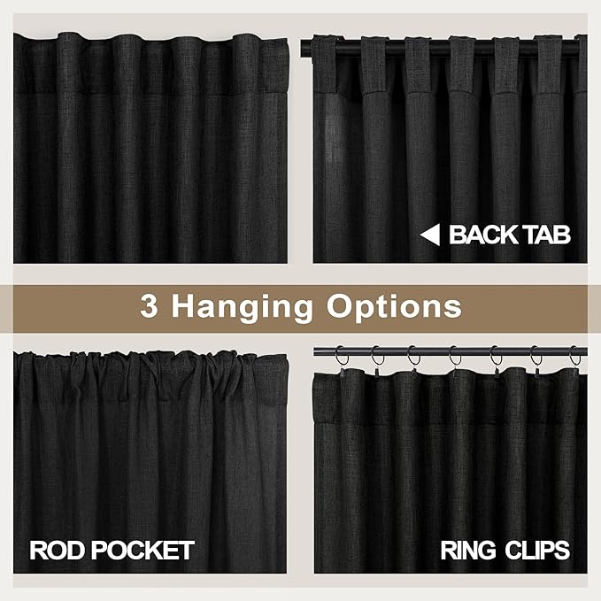 Pitalk Black Linen Curtains 90 Inches Long for Dining Room 2 Panels Pair Back Tab Pocket Modern Drapes Lace Muslin Textured Semi Sheer Curtains for Bedroom Gaming Dorm Office Wedding Party Decoration