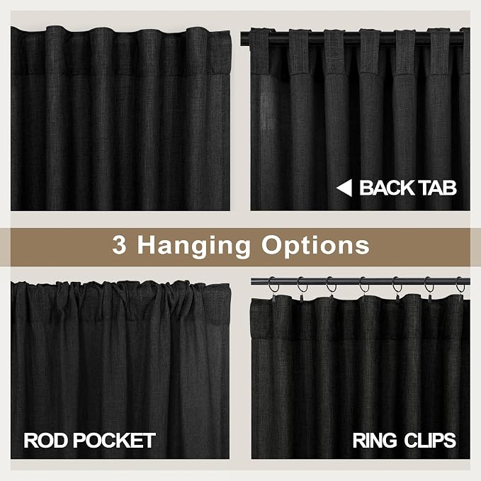 Pitalk Black Linen Sheer Curtains 72 Inch Length for Bedroom Man Cave 2 Panel Back Tab Pocket Light Filtering Semi Privacy Modern Industrial Farmhouse Curtains for Living Room Gothic Decor 52x72 Long