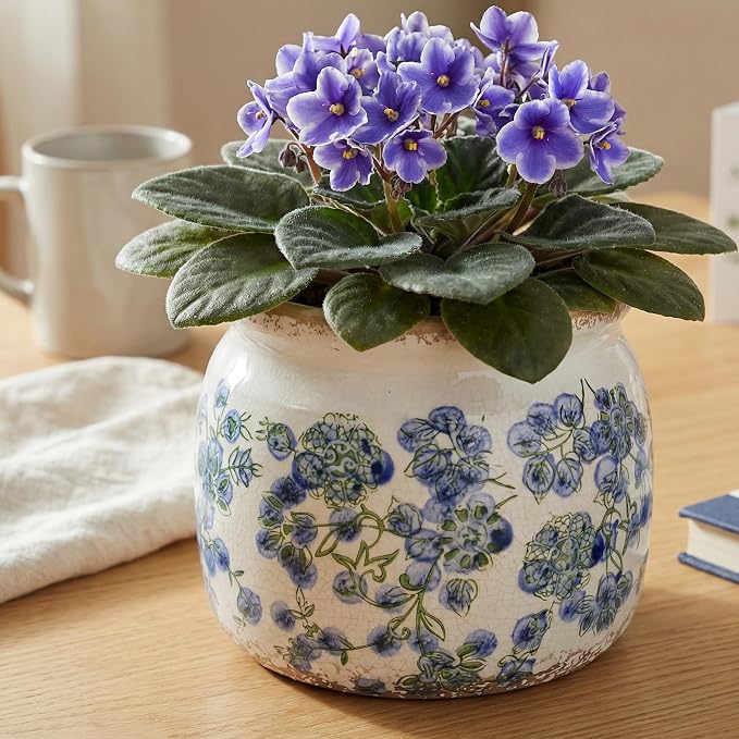 Vintage Cottage Ceramic Planters, French Flower Pot & Vase with Drainage | 6.29" Rustic Country Crackle Glaze Plant Pots for Indoor/Outdoor, Blue and Green Floral Vases, Home Decor Gifts