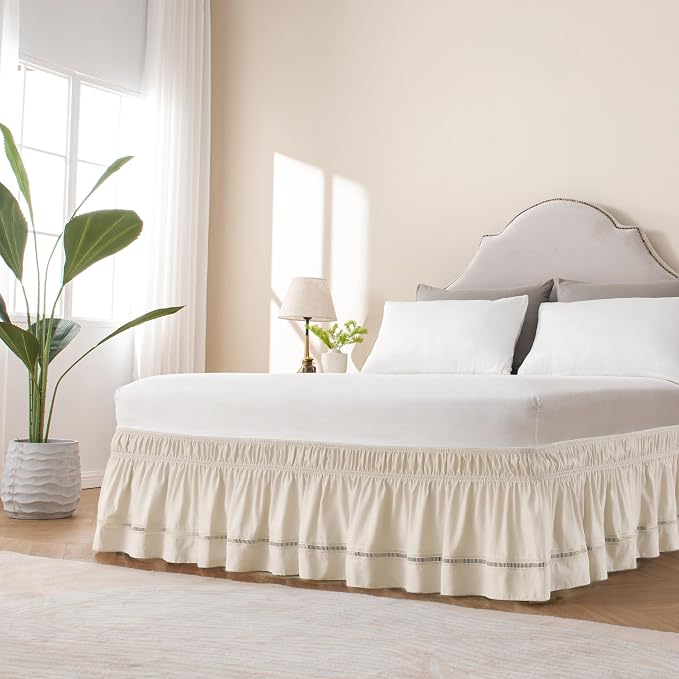 MIYE Wrap Around Ruffled Lace Bed Skirt, Elastic Dust Ruffle with Adjustable Belts, Easy to Put On, Bed Frame Cover, Machine Washable (Ruffled Lace/Light Beige, King/Queen-18 Drop)