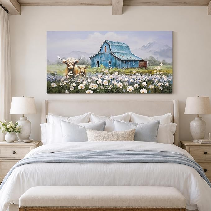 Anolyfi Farmhouse Highland Cow Canvas Wall Art for Living Room 40"x20" | HD Print, Waterproof Canvas, Easy to Hang, Durable and Colorfast, Country Barn Wall Decor for Bedroom Office Hallway Home