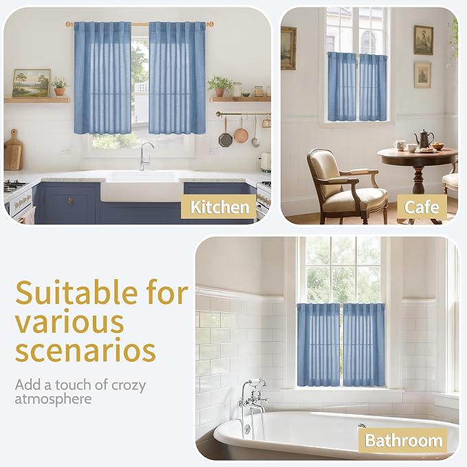 YoungsTex Denim Blue Linen Curtains 36 Inch Length for Kitchen Cafe Window, Small Half Window Drapes with Rod Pocket Back Tab Light Filtering for Bathroom, 2 Panels, 30 X 36 Inch