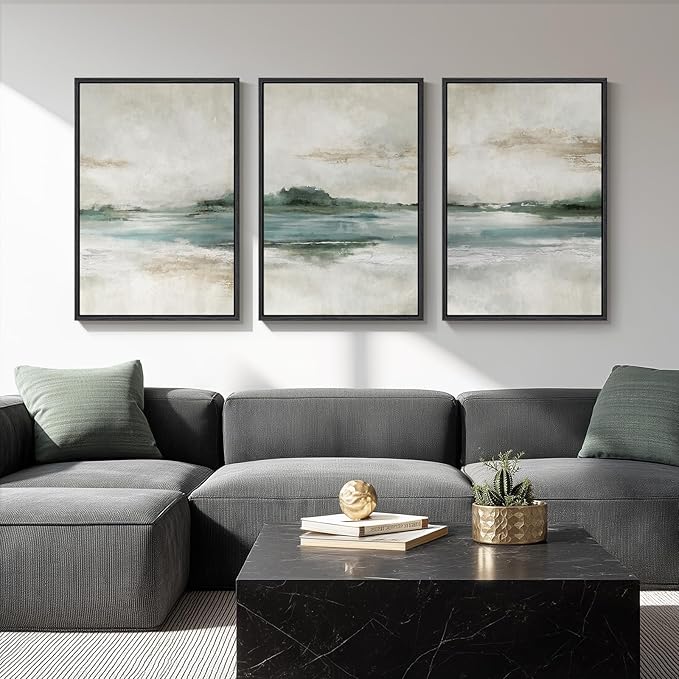 Large Framed Abstract Nature Landscape Wall Art for Living Room, 24x36 In | Green lake pictures, Set of 3 paintings, Canvas prints, Wood frame, Modern artwork, Wall decor for bedroom dining room office