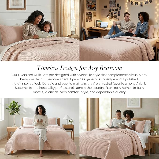Southshore Fine Living, Inc. Full/Queen Quilt Set, Stitched Full Size with 2 Matching Pillow Shams, Lightweight Quilt Coverlet, Easy Care Machine Washable Queen Size Quilt Bedspread, Blush