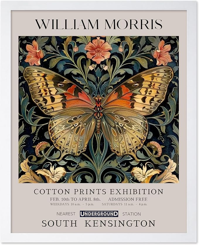Monem Art William Morris Poster - Butterfly Print - Flower Art - Botanical Poster - Moth Illustration - Floral Creation - Aesthetic Living Room Decor - 16x20 White Framed