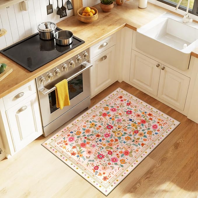 Washable Floral Area Rug for Living Room 2x3 Pink Beige | Non-Slip，Vacuum-Friendly, Low Pile, Flower Carpet for Bedroom Kitchen Entryway Dining Room Office Nursery