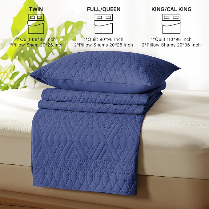 akkialla King/Cal King Size Quilt Bedding Set,Navy Blue Lightweight Microfiber Soft Bedspread,Modern Style Geometric Pattern Coverlet Set for All Seasons,3 Piece(1 Quilt,2 Pillow Shams)