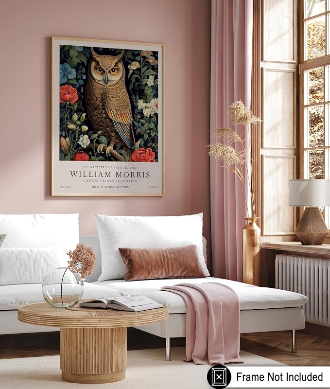 Monem Art William Morris Poster - Owl and Flowers Print - Bird Art - Botanical Artwork - Animal Exhibition Illustration - Floral Design - Aesthetic Creation - Bedroom or Office Decor - 8x10 UNFRAMED Wall Print
