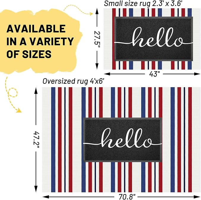 KILOCOCO 250th Anniversary Patriotic Striped Rug 4x6 ft, Red Blue White | Washable Front Door Rug, Woven Welcome Mat for Front Porch, Outdoor Rug for Memorial Day, Indoor Independence Day Decor