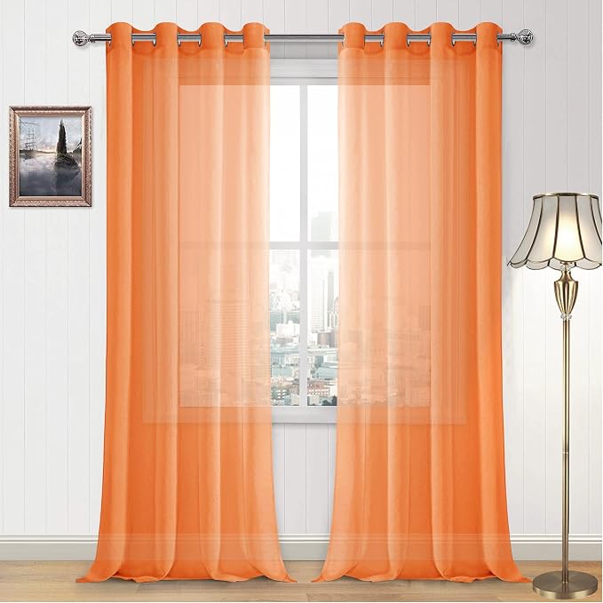 DWCN Sheer Curtains, Semi Sheer Grommet Window Curtains, Faux Linen Voile Sheer 108 Inches Curtains Drapes Treatment for Living Room Bedroom Set of 2 Panels 52 x 108 Inches Long, Sunset Orange