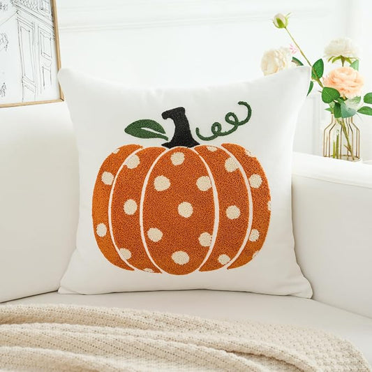 Fall Pumpkins Pillow Covers 18x18 Inch Dots Pumpkin Embroider Decorative Throw Pillowcases Farmhouse Autumn Seasonal Harvest Patio Cushion Cases for Sofa Couch Home