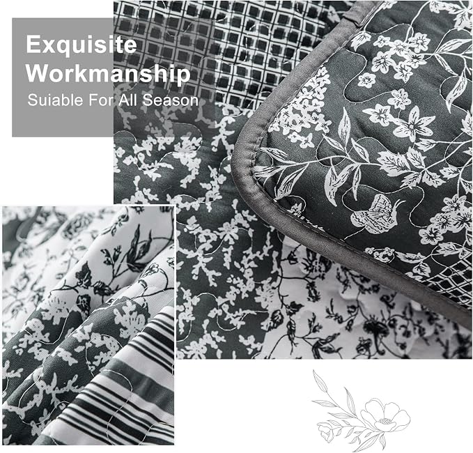 Mybedsoul Boho Quilt King Size, Patchwork Bedding Set, Black Grey | Soft Lightweight Microfiber Floral Coverlet Set, 3 Pieces Plaid Reversible Bedspread, Bed Sets for All Seasons 90"x110"