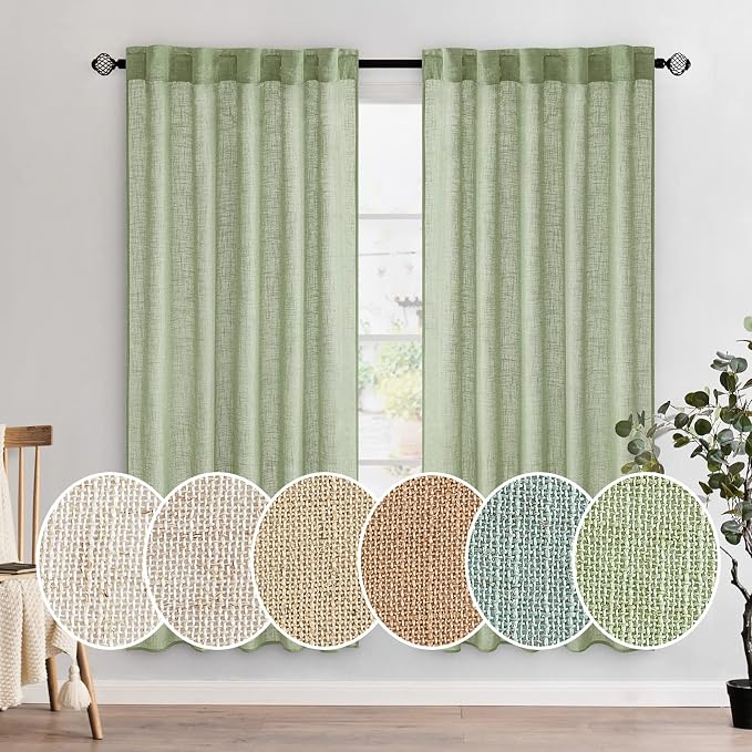 MIULEE Sage Green Linen Curtains 52x72 Inch Length for Bedroom Living Room | Soft Thick Linen Textured Window Drapes,Semi Sheer Light Filtering,Back Tab Rod Pocket,Burlap Look,Farmhouse Decor,2 Panels