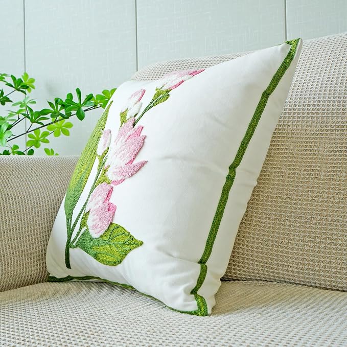 vctops Farmhouse Hibiscus Flowers Cotton Tufted Throw Pillow Cover Spring Floral Embroidery Pillowcase Soft Square Cushion Case for Sofa Couch Bed Chair (Pink F,18"x18")