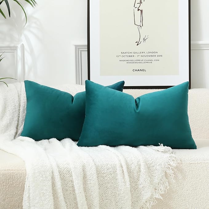 Stellhome Rectangle Velvet Pillow Covers Decorative Cushion Covers for Bed Couch Sofa Bench, 12 x 20 inch (30 x 50 cm), Teal, Pack of 2