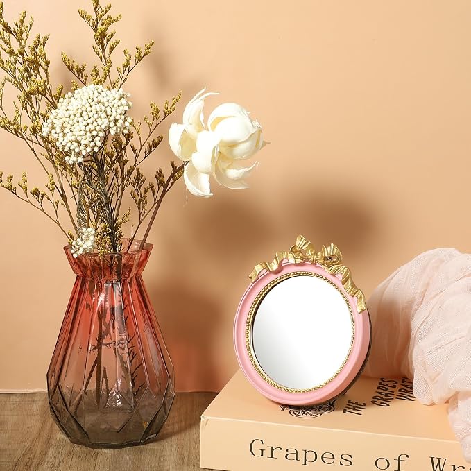 Xthrotsenk Small Desk Mirror 4.2'' Pink Vintage Makeup Wall Mirror Traditional Roundness Table Mirrors with Resin Frame Decorative Hanging Mirrors for Bedroom Bathroom Tabletop Wall
