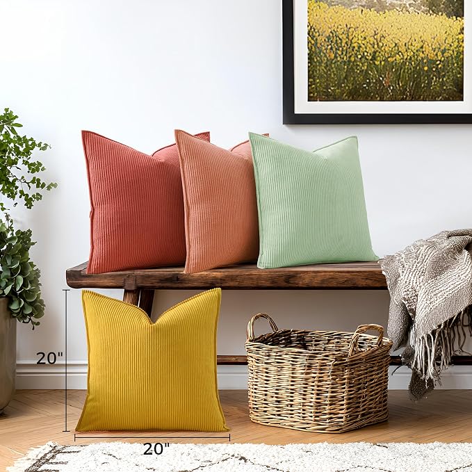 Pack of 4 Throw Pillow Covers Corduroy 20x20 Inch,Orange Teal | Decorative Velvet Couch,Summer Cases Square,Farmhouse Boho Cushion Covers for Sofa Bed Living Room Home Decor & Office