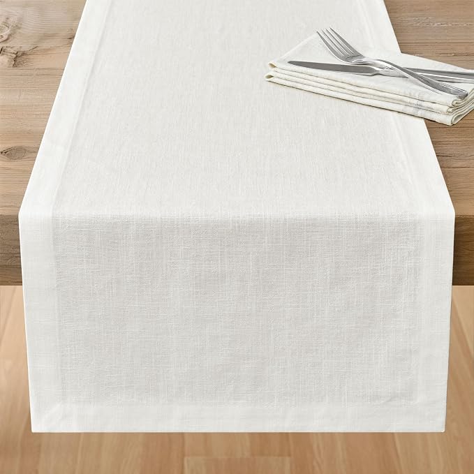 100% Natural Cotton Linen Table Runner, 14x90in Natural White | 75% Linen 25% Cotton, Soft Breathable, Mitered Stitched Corner, Textured Farmhouse Table Runner, Rustic Home Kitchen Decor
