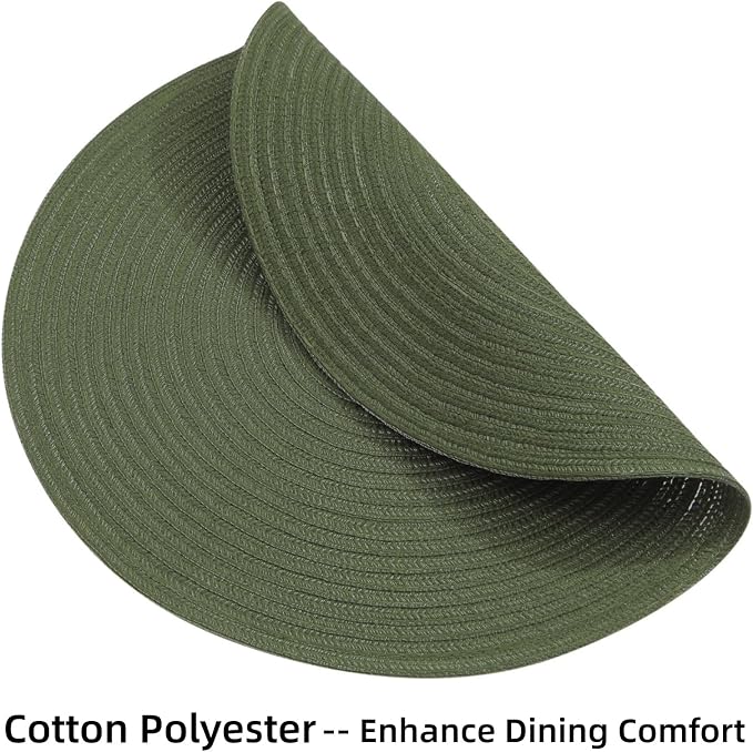 SHACOS Round Placemats Set of 12 Washable 15 inch Round Table Mats Cotton Polyester Woven Braided Place Mats for Dining Table Wedding Party Decor (Olive Green, 12)