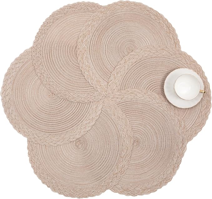 SHACOS Round Placemats Set of 4 Boho Braided Border 15 inch Circle Place Mats Washable Fabric Table Mats for Kitchen Dining Table, Beige (Pack of 2)