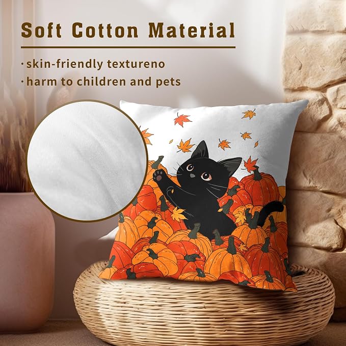 Fall Black Cat Throw Pillow Cover 20X20 Inch Set of 2 Autumn Pumpkins Maple Leaves Outdoor Pillow Cases Thanksgiving Harvest Farmhouse Square Cushion Cover for Sofa Porch Patio Home Decoration