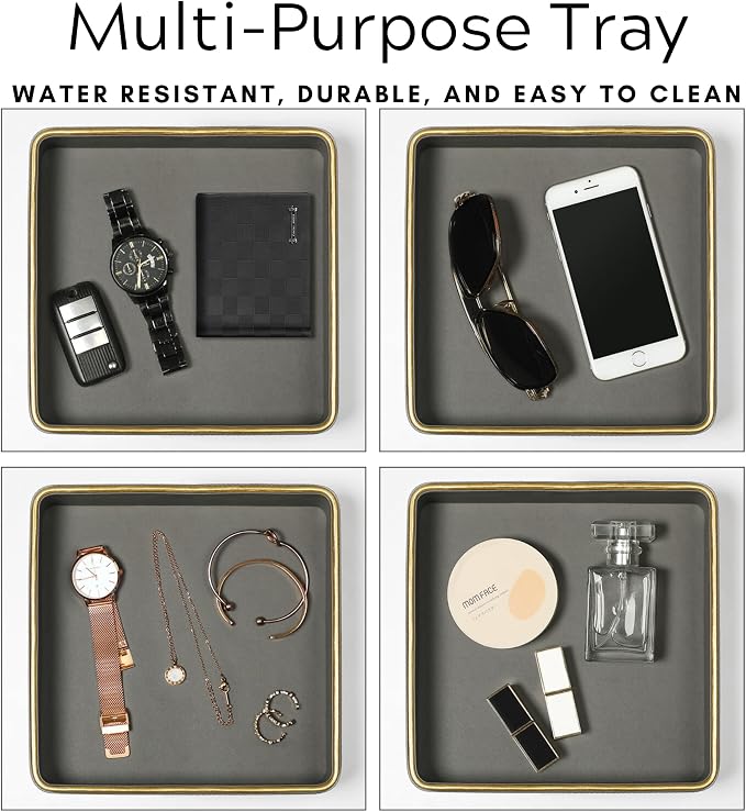 Gray Nightstand Bedside Organizer Tray|Key Bowl for Entryway Table| Bowl for Keys and Wallet Catch All|Small Leather Valet Tray Desk Organizer|EDC Trinket Catchall Key Holder Bowl|Key Basket or Dish