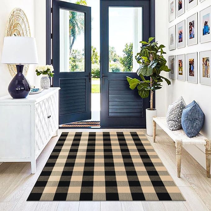 KILOCOCO Buffalo Plaid Checkered Rug 4x6 ft Front Door Rug, Brown and Black | Machine Washable Front Porch Rug, Outdoor Indoor Living Room Rug, Cotton Low Pile Rugs for Kitchen Patio Dining Room