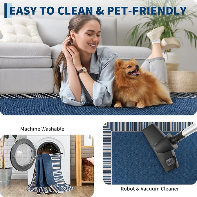 COZYLOOM 8x10 Indoor Outdoor Rugs Machine Washable Area Rugs for Living Room, Non Slip Non Shedding Bordered Easy Jute Rug Stain Resistant Modern Striped Carpet for Bedroom, Patio, Backyard, Blue