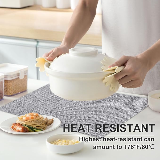 Vinyl Placemats Set of 6, PVC Woven Washable Non-Slip Table Mats, Heat Resistant Wrinkle Free Place Mats for Dining Table, Easy to Clean (6, Light Grey)
