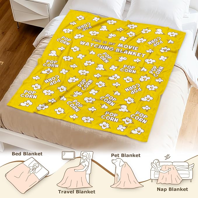 Aimego Popcorn Blanket Gifts for Popcorn Lovers Movie Watching Blankets for Women Girl Cute Popcorns Snack Pattern Movie Theme Throw Blanket for Family Cinema Theater Room Sofa Decor(60X80 Inch)