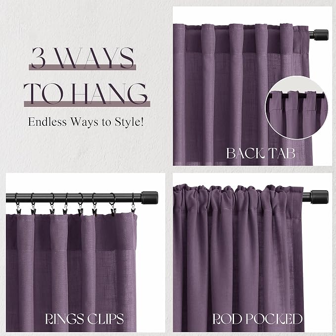 Jowels Plum Linen Curtains 84 Inch Long 2 Panels for Living Room | Light Filtering Semi Sheer Curtain, Back Tab Pocket Pleated Look, Boho Farmhouse Textured Privacy Drapes for Bedroom Window
