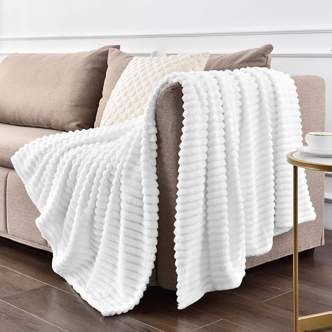 BEDELITE 3D Ribbed Jacquard White King Size Blankets for Bed, 108x90 Inch | Soft Warm Decorative Fluffy Blanket, Cozy Fuzzy Lightweight Plush Fleece Throw Blankets for Bed, Room Decor, Gift for Women